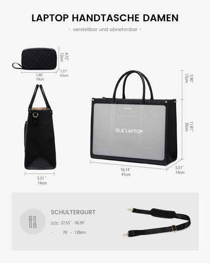 LOVEVOOK laptop bag for women 15.6 inch, waterproof work handbag large school bag shopper business briefcase teacher's bag, leather tote bag notebook bag for office university black
