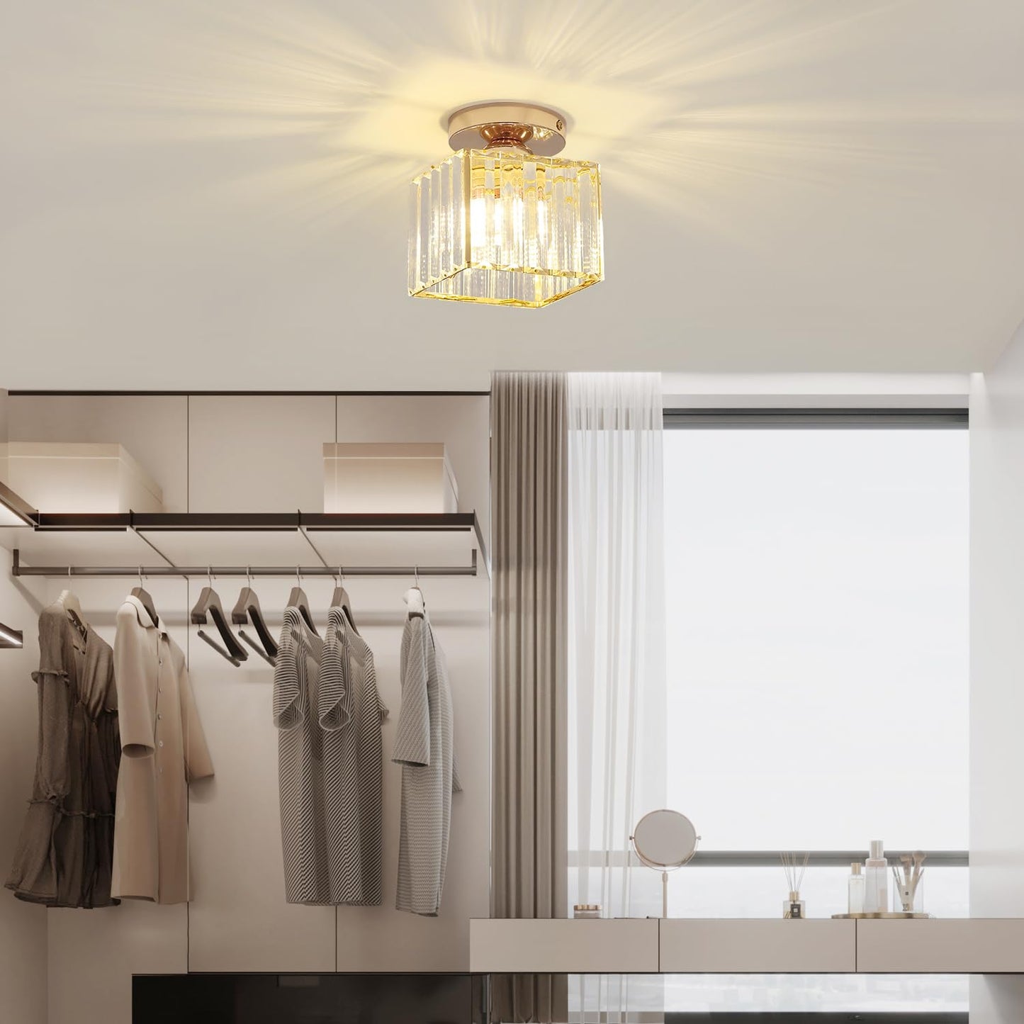 Sxtiger Modern Crystal Ceiling Light, Mini Golden Crystal Ceiling Lamp E27 Square Lampshade Crystal Chandelier, For Hallway Entrance Kitchen Bedroom Living Room Light (Gold)