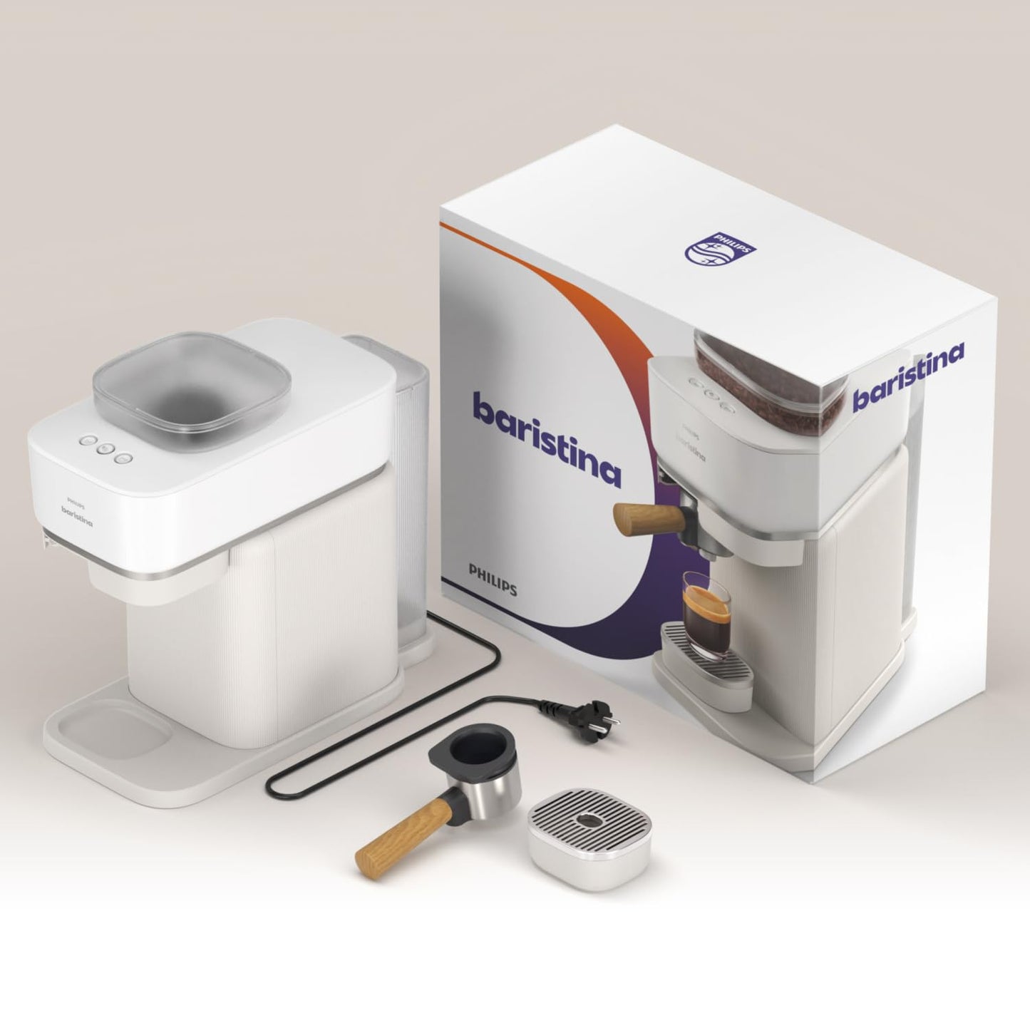 Philips Baristina Espresso Machine - Real Espresso, made simple. Compact coffee machine, natural white with ash wood portafilter, 16-bar pump pressure, automatic grinder, Cafe Crema (BAR302/20)