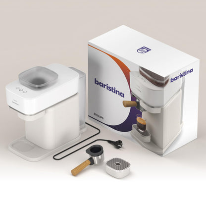 Philips Baristina Espresso Machine - Real Espresso, made simple. Compact coffee machine, natural white with ash wood portafilter, 16-bar pump pressure, automatic grinder, Cafe Crema (BAR302/20)