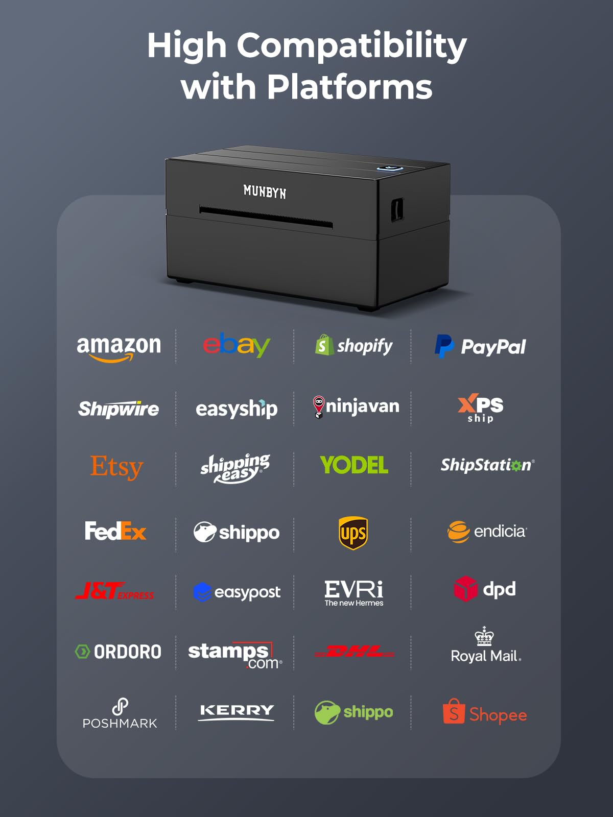 MUNBYN DHL label printer Bluetooth, label printer 4x6 shipping label printer, thermal printer label printer for Shopify, Ebay, Etsy, DHL, DPD, GLS, UPS, with 25 labels, no ink, 130B black.