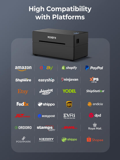 MUNBYN DHL label printer Bluetooth, label printer 4x6 shipping label printer, thermal printer label printer for Shopify, Ebay, Etsy, DHL, DPD, GLS, UPS, with 25 labels, no ink, 130B black.
