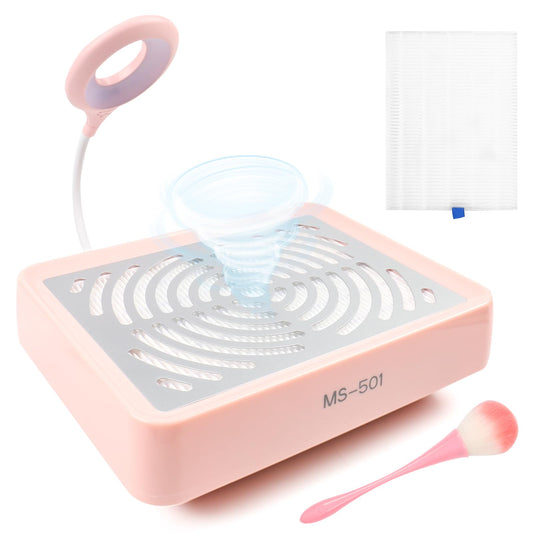 Nail dust extractor with filter & lamp, professional nail dust collector for nail studio, salon, nail design & manicure with nail brush (Pink)