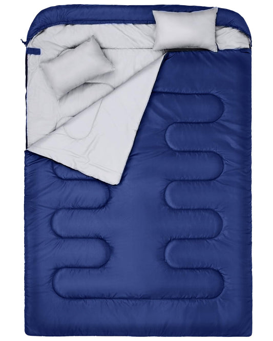 Outdoor Sleeping Bag: Sportneer Double Sleeping Bag for 2 People, 220x150cm, 3.5kg with 2 pillows, Four Double Zippers, Adult Family Blanket Sleeping Bag, Blue