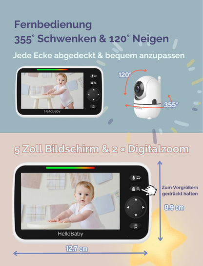 HelloBaby Baby Monitor with Camera, 3500 mAh Battery and 5 Inch Screen, 355° Pan-120° Tilt-Zoom, No-WiFi Baby Monitor, 2 Way Audio, Temperature Display, 8 Lullabies, Night Vision, HB6550