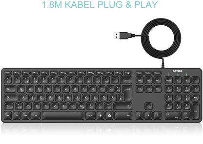 Arteck USB Wired Keyboard Backlight 7 Colors & Adjustable Brightness Full Size Keyboard with 1.8m Long Cable, Numeric Keypad, for Computer Desktop Laptop and Windows 11 10