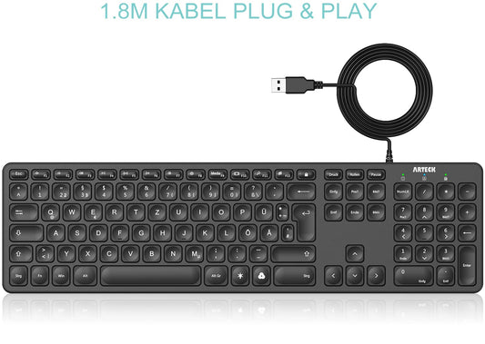 Arteck USB Wired Keyboard Backlight 7 Colors & Adjustable Brightness Full Size Keyboard with 1.8m Long Cable, Numeric Keypad, for Computer Desktop Laptop and Windows 11 10