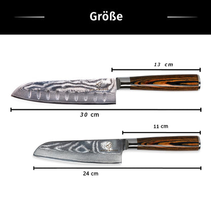 Wolfblood 2-piece Damascus Knife Set (30cm and 24cm) Professional Santoku Damascus Kitchen Knife made of genuine 67-layer Damascus steel. Santoku Damascus Knife Set with wooden handle, gift box & blade cover.