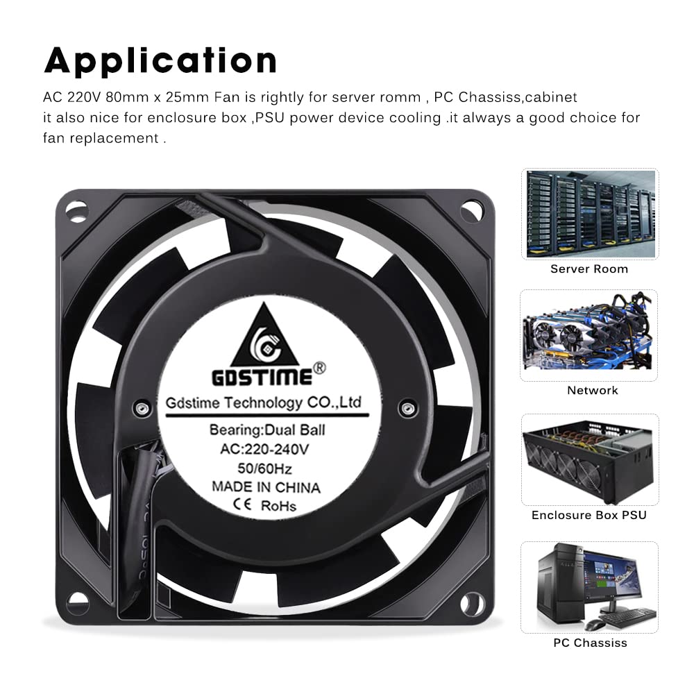 GDSTIME Fan 230V 80mm PC Fan 230V 80mm Dual Ball Bearing Mini fan 220v 80x80x25 AC Axial Fan 220v for PC server cabinet RV fridge inverter cooling ventilation exhaust
