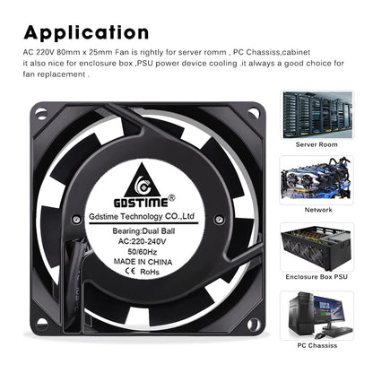 GDSTIME Fan 230V 80mm PC Fan 230V 80mm Dual Ball Bearing Mini fan 220v 80x80x25 AC Axial Fan 220v for PC server cabinet RV fridge inverter cooling ventilation exhaust