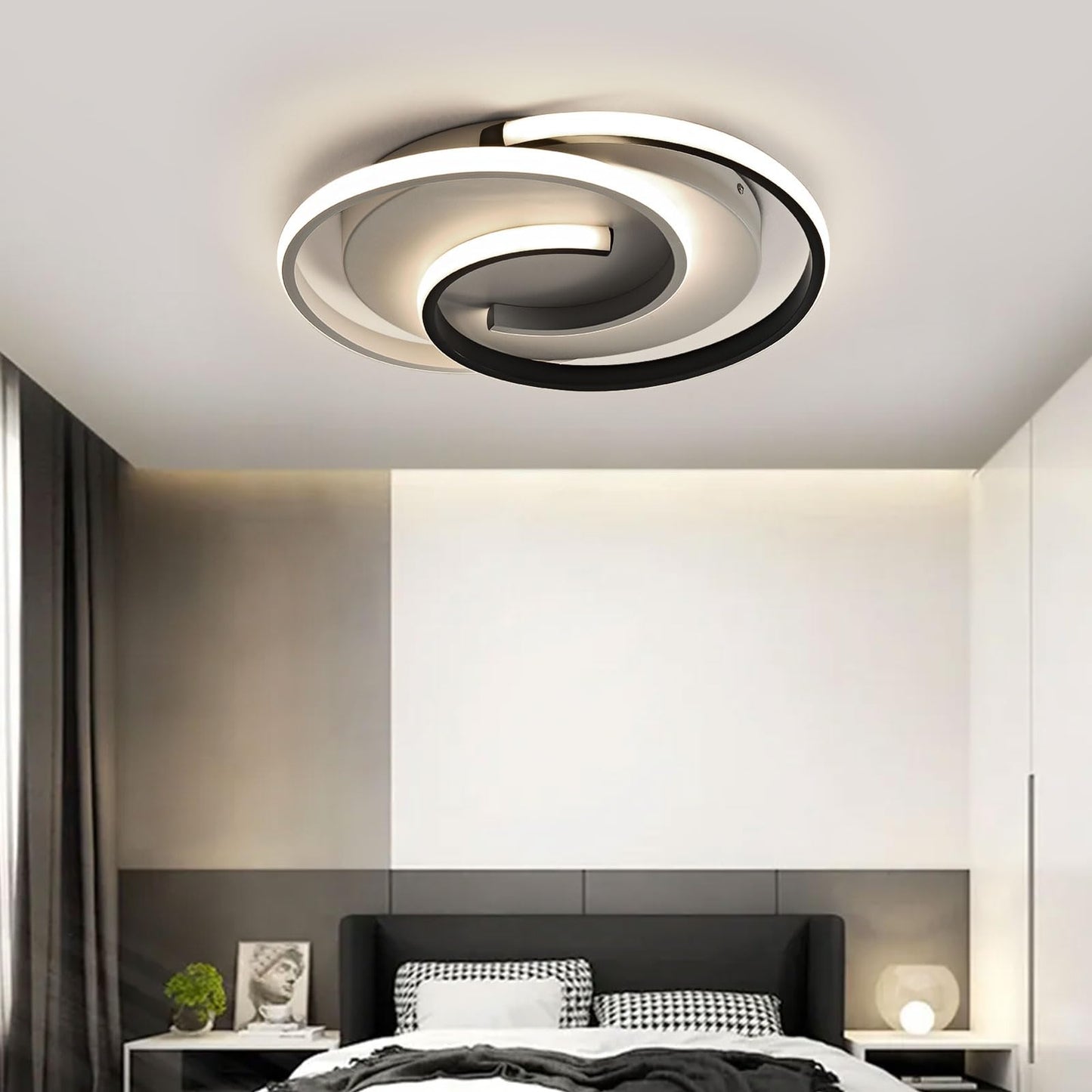 LED ceiling light, modern dimmable ceiling light with remote control for living room, black-white bedroom lamp, round design with memory function. Suitable for living room, bedroom, office.