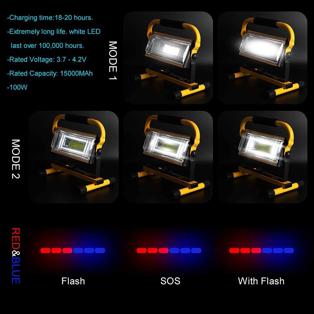 LED construction spotlight rechargeable portable work light - Orchidtent 7000 lumens construction lamp work light with 6 dimming levels, 360° rotatable bracket, outdoor lighting for camping.