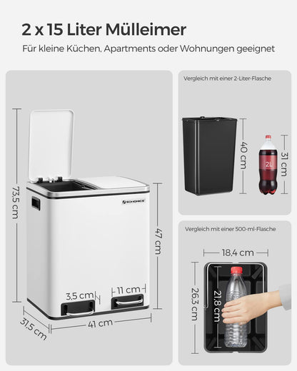 SONGMICS Kitchen Trash Cans, 2 x 15 liters, Waste Separation System 2 compartments, including 15 garbage bags, Trash can, Pedal bin, recyclable waste, organic waste, Soft-close lid, cloud white LTB30WT