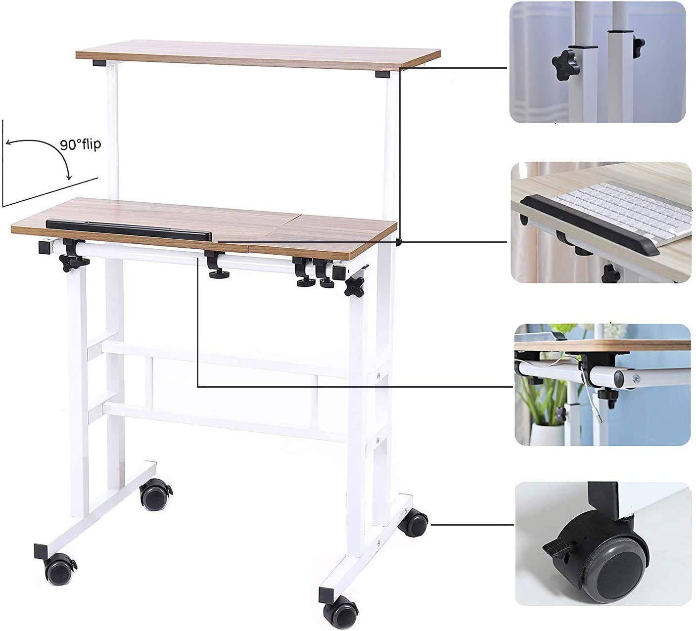 Sogesfurniture adjustable height computer desk laptop table with wheels, mobile desk PC table notebook table laptop stand for home and office, oak