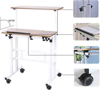 Sogesfurniture adjustable height computer desk laptop table with wheels, mobile desk PC table notebook table laptop stand for home and office, oak