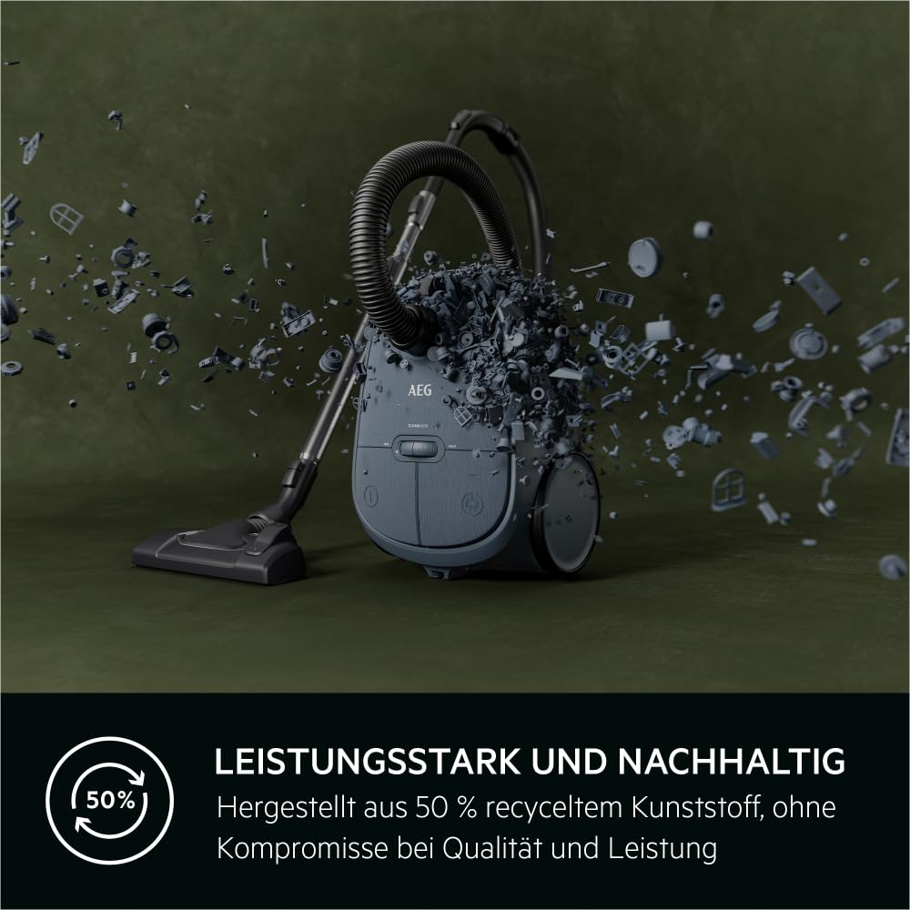 AEG CLEAN 6000 Bagged Vacuum Cleaner, High Suction Power, incl. Additional Nozzles, 50% Recycled Plastic, Ideal for Pet Owners, Cleaning Upholstery, 12m Cord, 850W, Blue, AB61C2DB