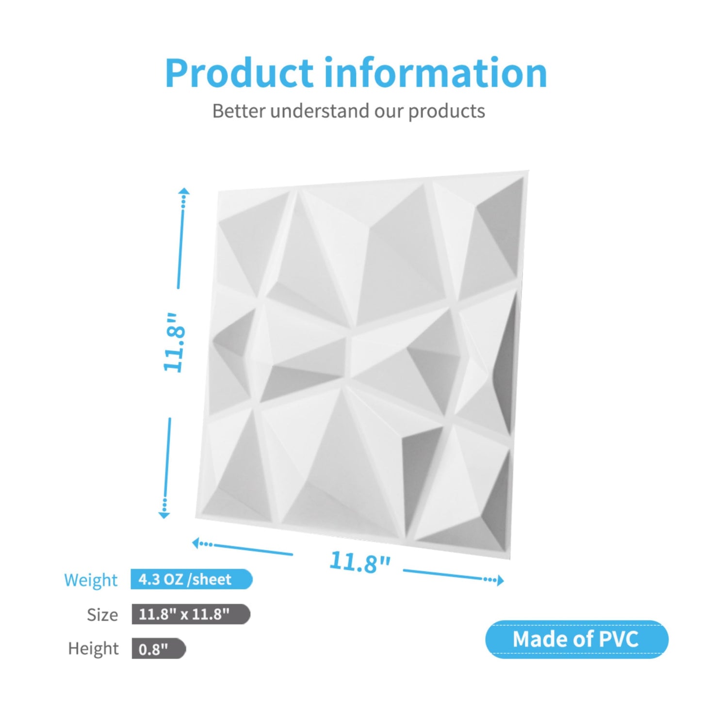 Art3d 33 Pieces 3D Wall Panels Diamond High Stiffness PVC, 30 x 30 cm, Non-deformable, Recyclable, Waterproof, Heat-resistant, Odorless, Matte White