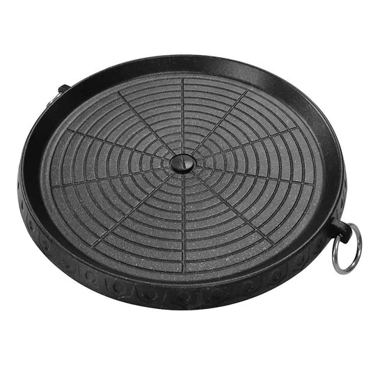 Korean-style grill pan with Maifan-coated surface, non-stick, smokeless grill plate for indoor and outdoor use, 32 x 32 cm.