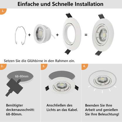 Unikcst 10 pack Dimmable LED Recessed Lights 230V Ultra Flat Swivel Ceiling Spots Round White Recessed Spot 68mm hole diameter, incl. 6W LED Module Neutral White