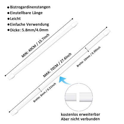 4 pieces of extendible curtain rods for curtains, windows, kitchen, DIY projects. Adjustable length from 40-70cm in white color.