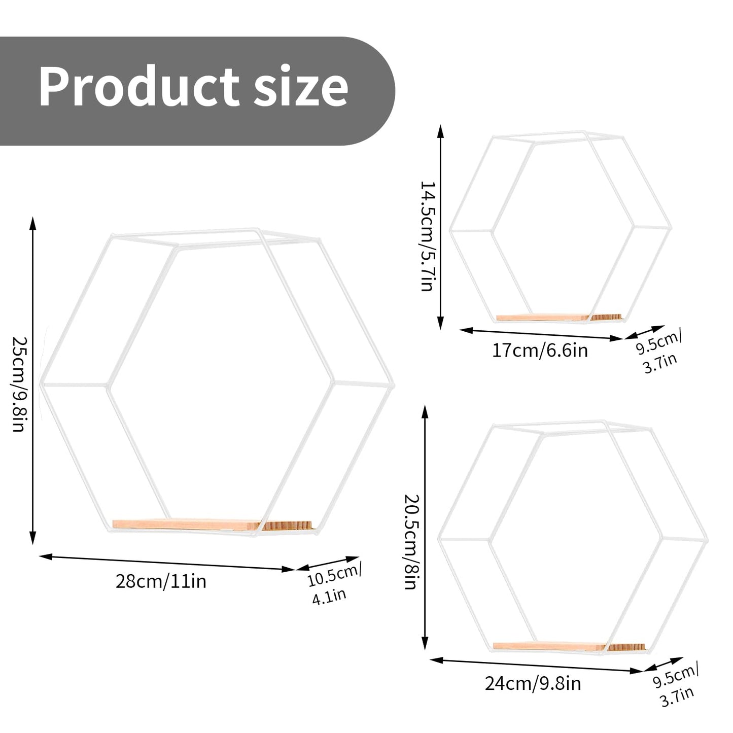 Hexagon wall shelf white metal 3 piece set, shelf wall decor hanging shelf loft wall shelves, wall shelf white for wall decor in living room, bedroom, bathroom, cafe, and hotel.