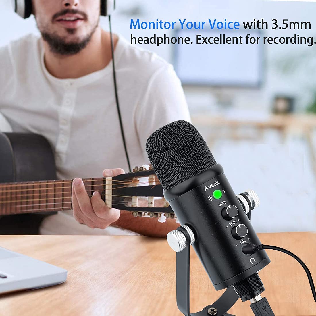 Aveek USB microphone for PC and phone, condenser mic with stable stand and noise reduction for computer laptop for podcast, studio, streaming, broadcast, YouTube.