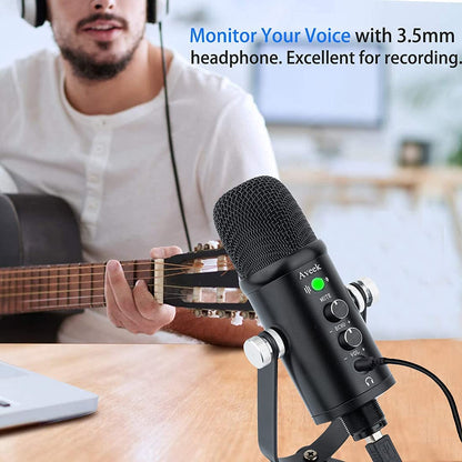 Aveek USB microphone for PC and phone, condenser mic with stable stand and noise reduction for computer laptop for podcast, studio, streaming, broadcast, YouTube.