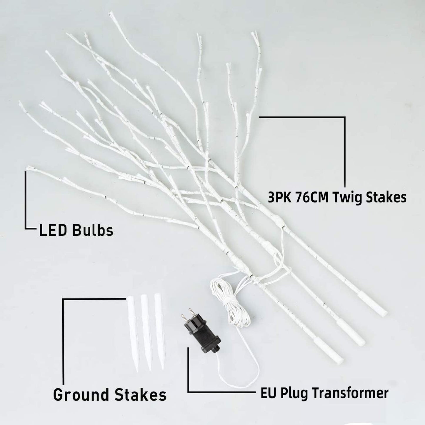 Eambrite decorative branch lights illuminate white birch branch stakes with 60 LED lights for outdoor and indoor decor for Christmas, Easter, Halloween, and parties.