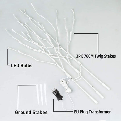 Eambrite decorative branch lights illuminate white birch branch stakes with 60 LED lights for outdoor and indoor decor for Christmas, Easter, Halloween, and parties.