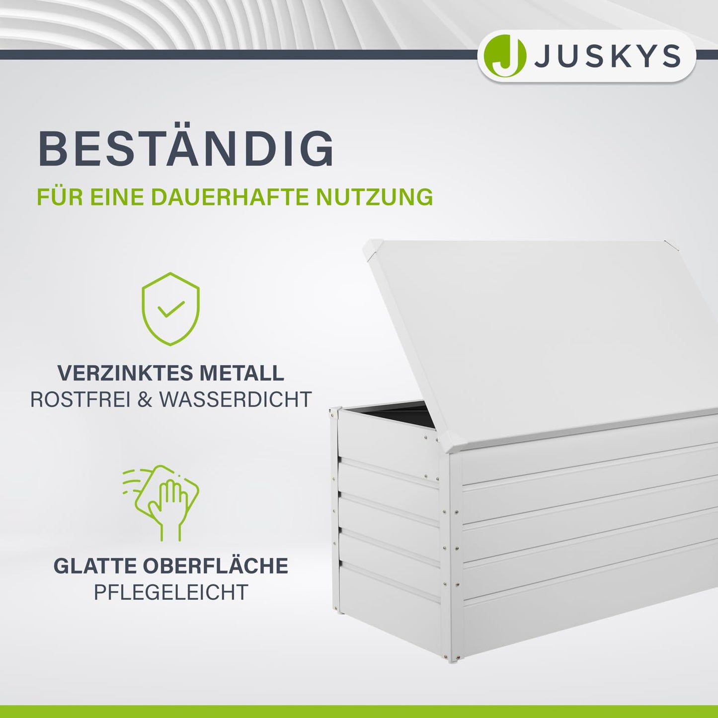 Juskys Metal Storage Box Limani 380 liters - Outdoor Box - waterproof, lockable - white garden box, cushion box for garden.