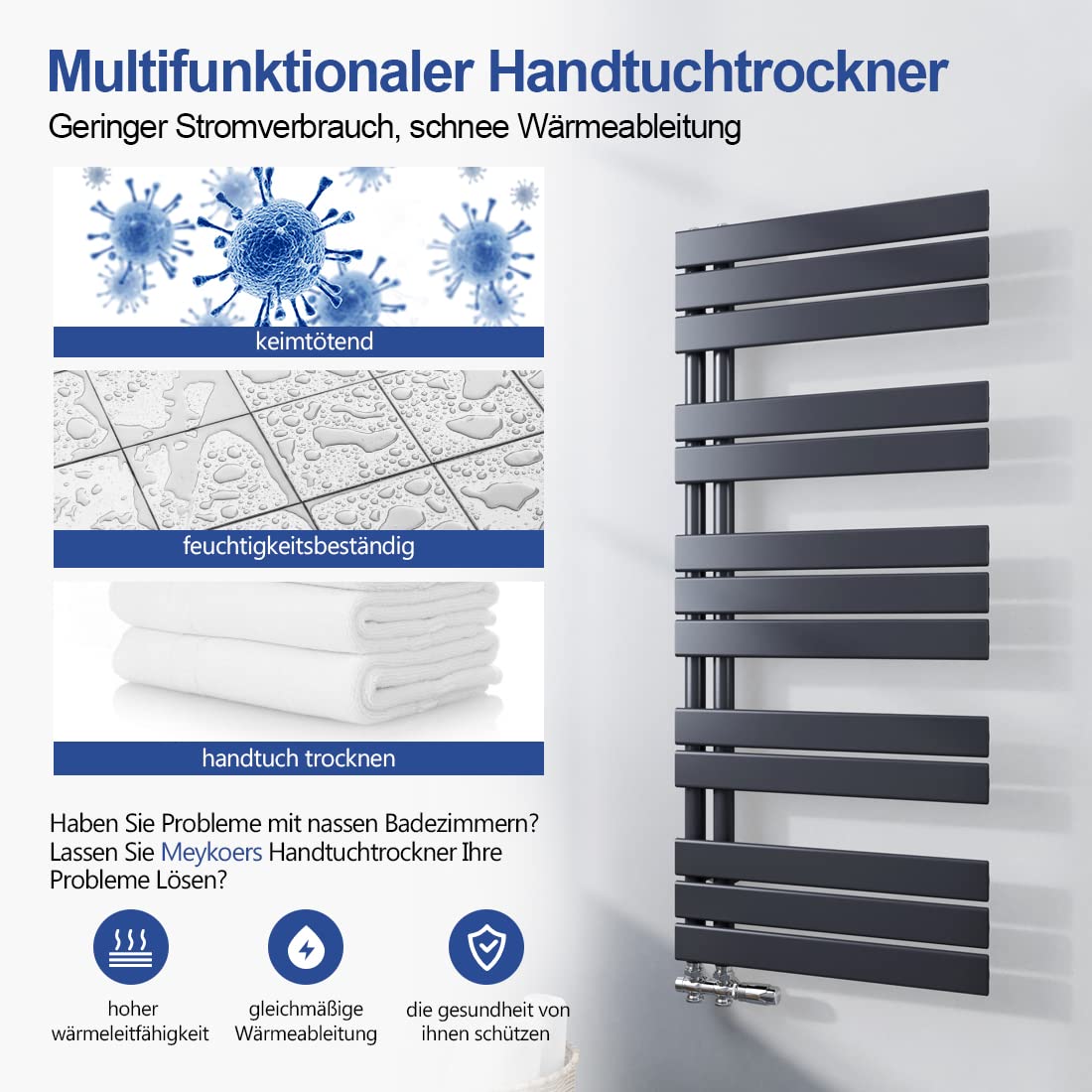 Meykoers Towel Radiator Flat 138x60cm Bathroom Heater Panel Anthracite Towel Warmer Side Connection Design Radiator