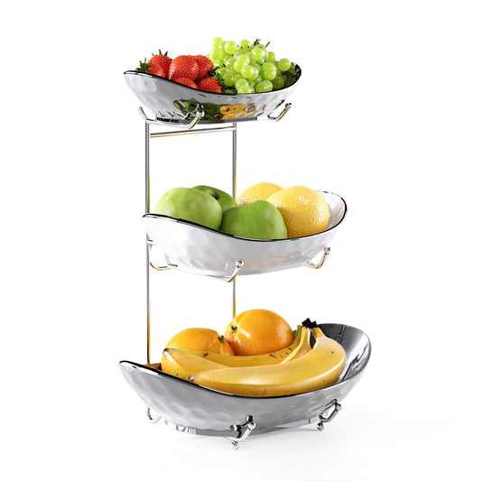 Acliy's 3-tier ceramic fruit bowl for kitchen, perfect for storing fruits and vegetables, snacks, nuts, desserts, and cakes. Great for parties and weddings.