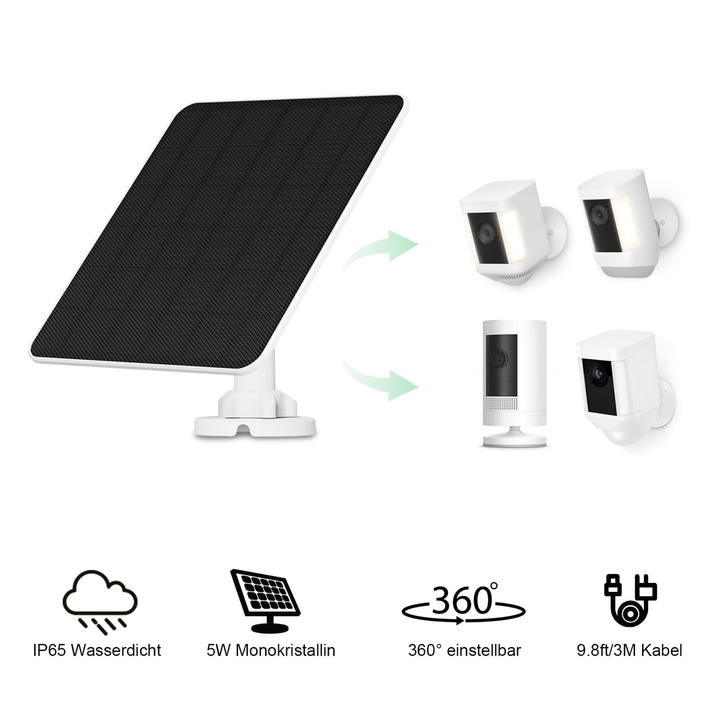 Solar panel for Ring camera, 5W camera solar panel charger for Ring Stick Up Cam/Pro battery, Spotlight Cam/Plus/Pro battery, solar for Ring camera with 9.8ft cable, IP65 waterproof.