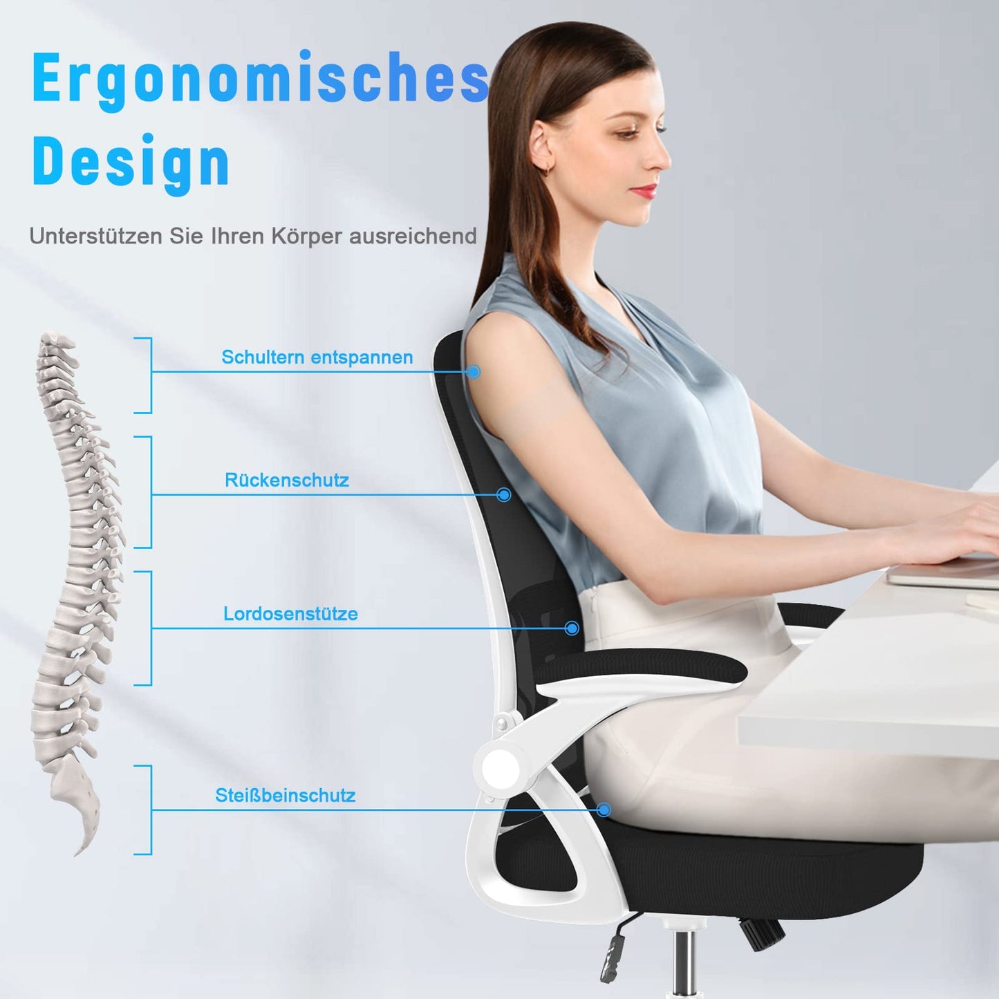 Rattan office chair with foldable armrests, ergonomic desk chair with lumbar support, height adjustable, space-saving, swivel chair for the office.