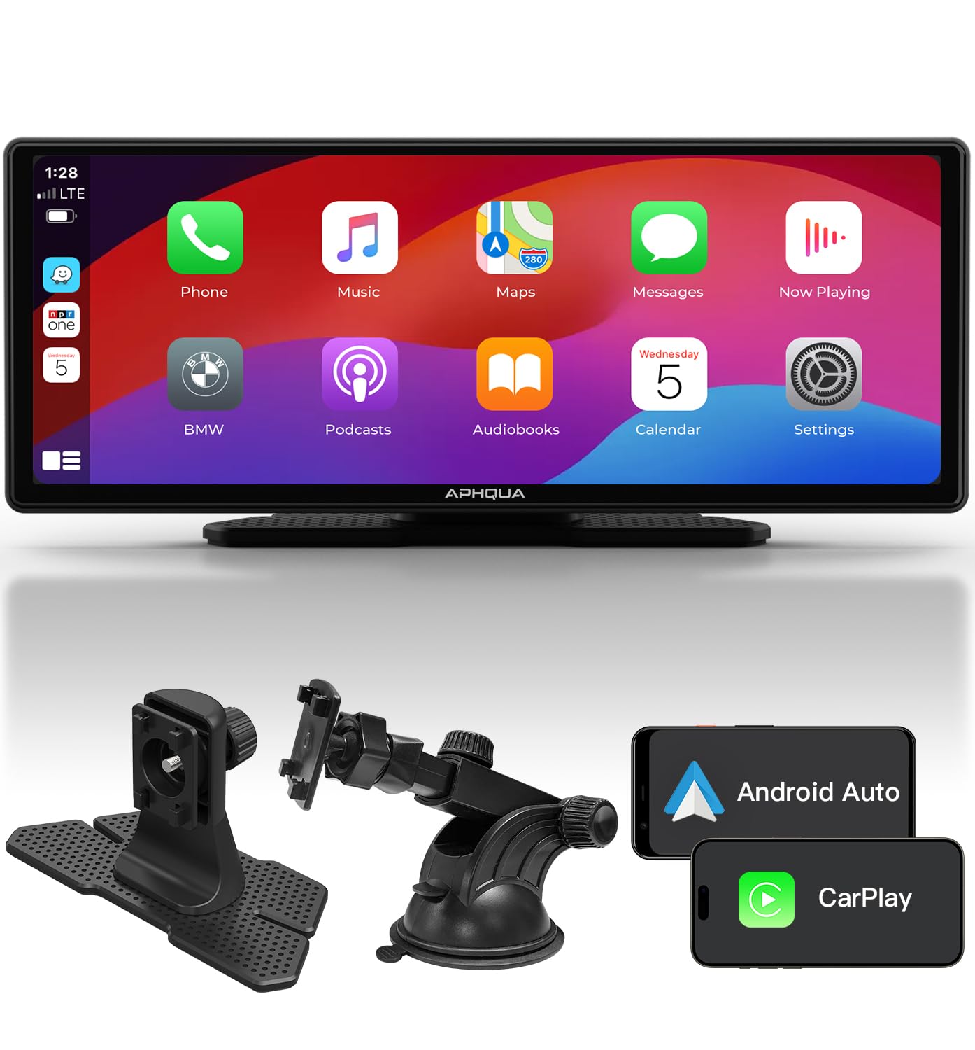 APHQUA Wireless CarPlay Display for Apple CarPlay and Android Auto, 9.3-inch portable light-sensitive touchscreen, digital media receiver with GPS navigation, Siri, MirrorLink/Siri/FM