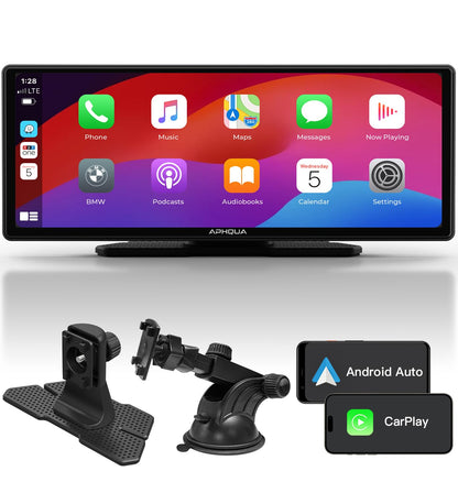 APHQUA Wireless CarPlay Display for Apple CarPlay and Android Auto, 9.3-inch portable light-sensitive touchscreen, digital media receiver with GPS navigation, Siri, MirrorLink/Siri/FM