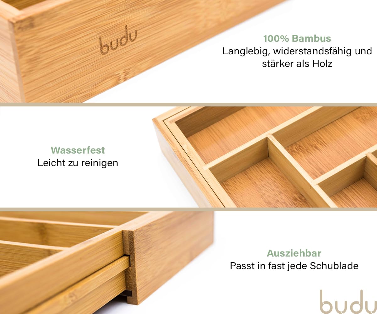 Budu cutlery tray #33.5 (depth 33.5cm) made of bamboo - Drawer organization system for the kitchen - Cutlery tray for drawers made of bamboo - Expandable - Kitchen drawer organizer - Kitchen organizer