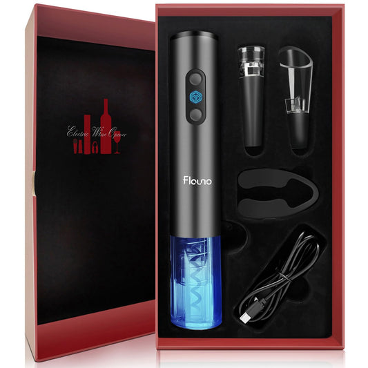 Flauno Electric Corkscrew Wine Set - Automatic Bottle Opener, Wine Foil Cutter, Decanter Spout with Aerator, and Vacuum Wine Stopper - The Perfect Gift for Wine Lovers