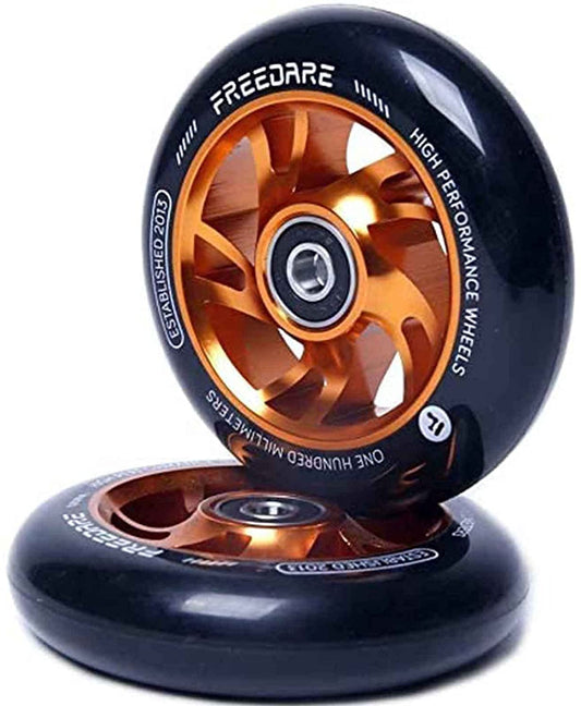 FREEDARE Pro Stunt Scooter Wheels 100mm, ABEC 7 Bearings, 89A Super Rebound PU Stunt Roller Wheels, 2 Pieces (Orange)