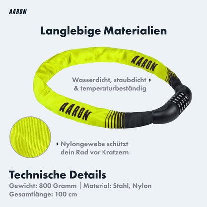 AARON Lock One bike lock with 5-digit code, steel chain, high security level | Lock for E-bike, mountain bike, trekking bike, touring bike, road bike in yellow.
