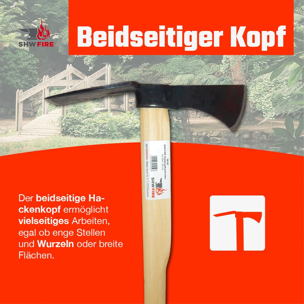 SHW-FIRE | Small woodpecker hoe with wide blade, hand-forged special steel, 135 cm ash wood handle, garden hoe as garden tool & root remover - Hoe with handle | Made in Germany
