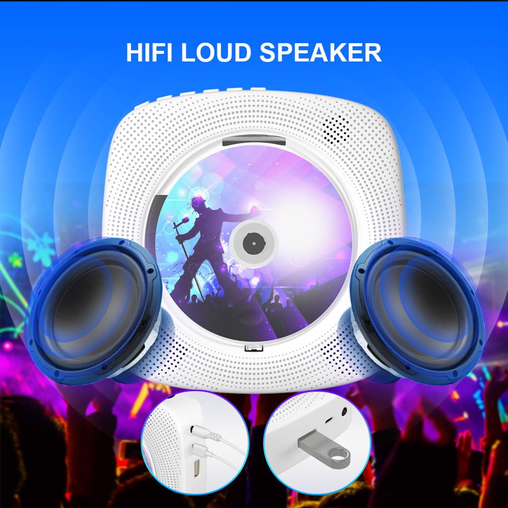 Portable CD player with Bluetooth, Gueray Wall Mountable CD Player Built-in HiFi Speakers with LCD Screen, Home Audio Boombox FM Radio USB MP3 Music Player (White)