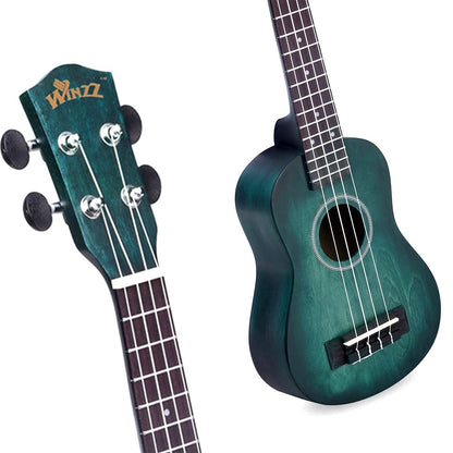 Winzz 21" Soprano Ukulele Beginner Set for Children Adults, Unique Color Design, with Bag, Tuner, Extra Strings, Strap, Note Stickers, Polishing Cloth - Dark Cyan