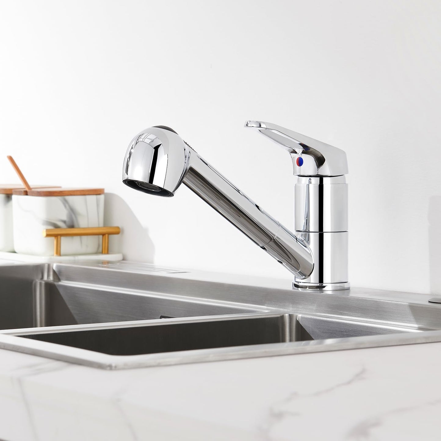 Auralum Single Lever Kitchen Faucet with 2 Spray Modes Dish Shower Tap Kitchen Pull-Out Sink Mixer Tap Faucet with 360° Swivel Chrome Single Handle Mixer Tap for Kitchen