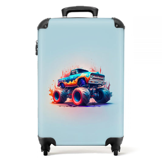 NoBoringSuitcases.com® Kids' trolley boys carry-on mini suitcase Monster Truck - Flames - Blue - 55x35x20cm