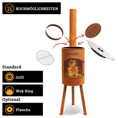 BonFeu Bongiano SP rust - patio fireplace - fire pit with spark protection for relaxing evenings - outdoor fire column - patio fireplace with grill grate - garden oven made of high-quality steel - 30x30x142cm