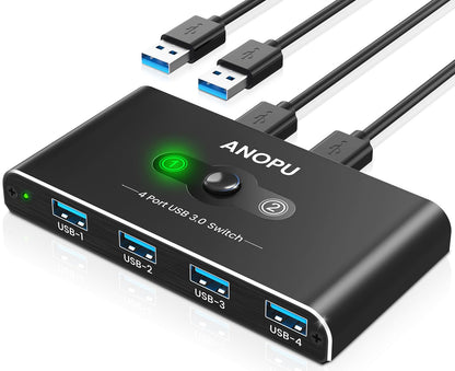 Aluminum USB KVM 3.0 Switch - 2 inputs 4 outputs with 2 high-speed cables - for 4 USB devices like mouse, keyboard, printer, hard drive, flash drive, headsets.