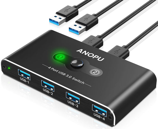 Aluminum USB KVM 3.0 Switch - 2 inputs 4 outputs with 2 high-speed cables - for 4 USB devices like mouse, keyboard, printer, hard drive, flash drive, headsets.