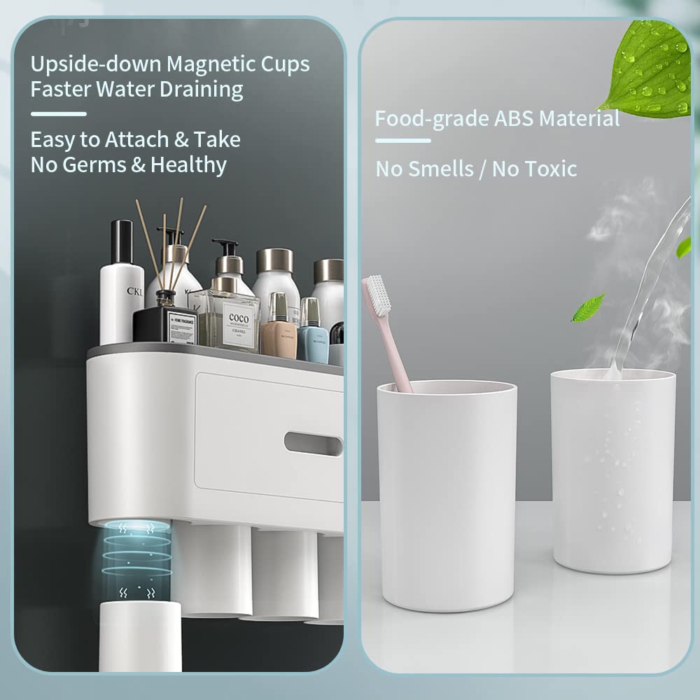 BHeadCat toothbrush holder, wall-mounted toothbrush holder with double automatic toothpaste dispenser for kids and adults, 6 brush slots, 2 magnetic cups, Gray.
