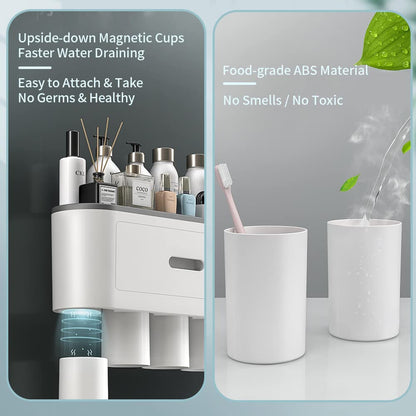 BHeadCat toothbrush holder, wall-mounted toothbrush holder with double automatic toothpaste dispenser for kids and adults, 6 brush slots, 2 magnetic cups, Gray.